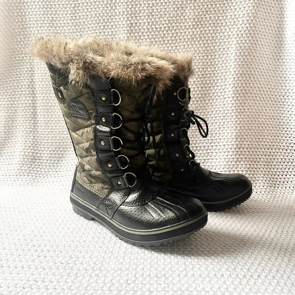 Sorel Women Tofino II Black NL-3071-371 Green Camo Fur Lined Trim Snow Boots 8